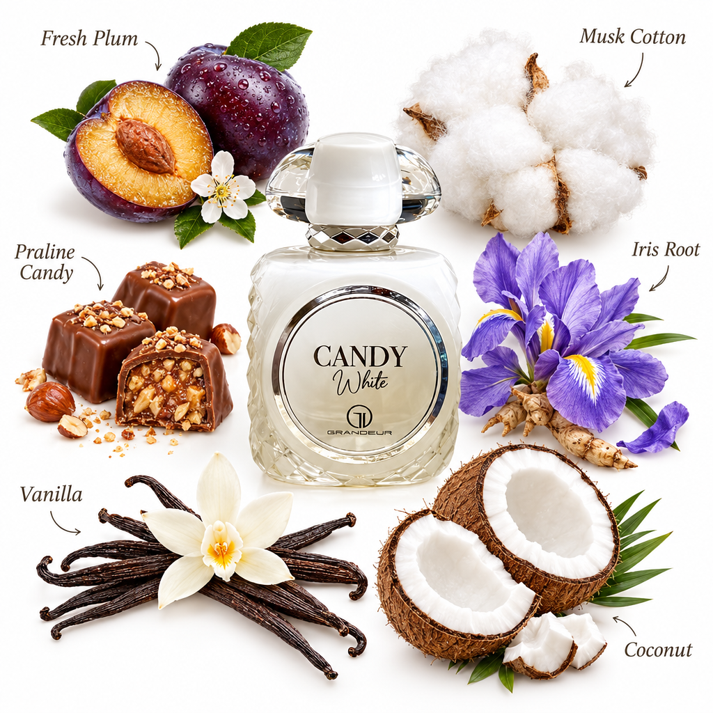 Grandeur Candy White - Notas olfativas fondo blanco