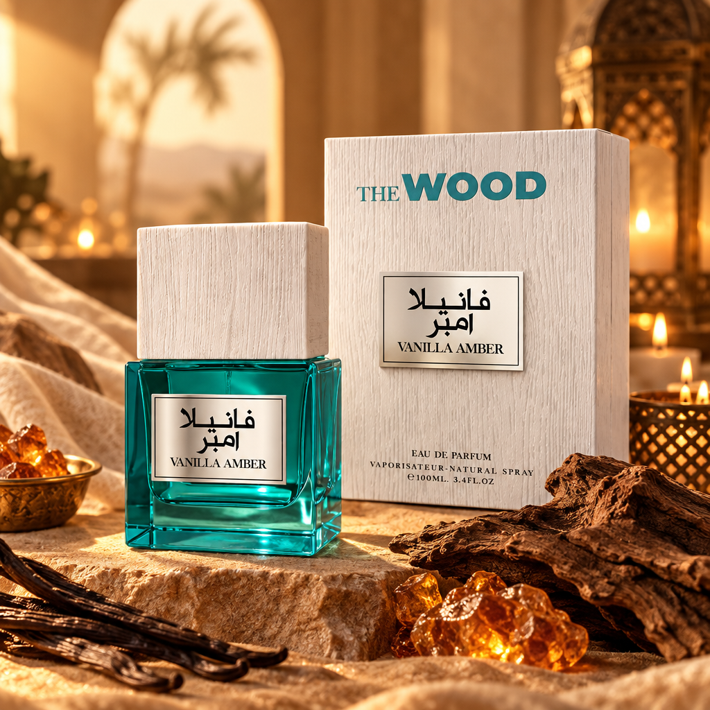 Milestone The Wood Vanilla Amber - Lifestyle editorial árabe fondo claro
